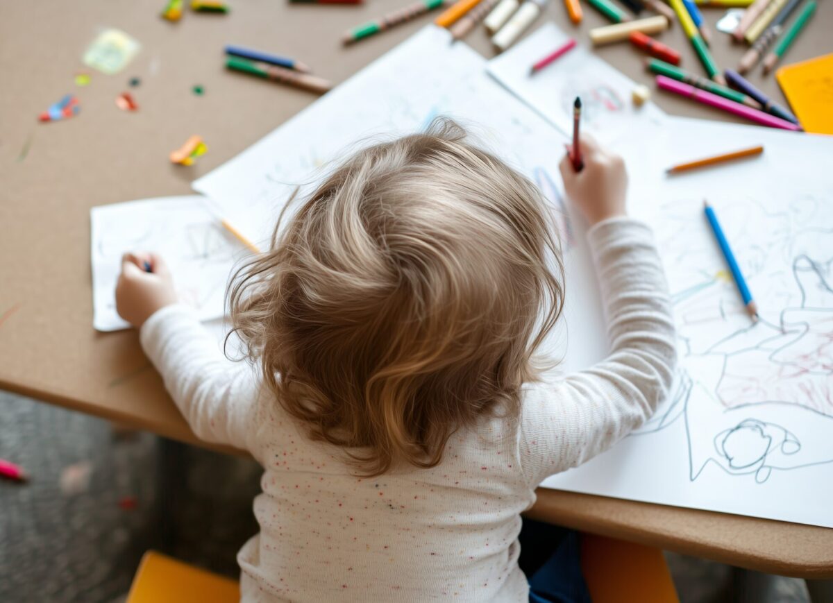 A young child sits at a table, focused on coloring with crayons and markers, surrounded by scattered art supplies and unfinished drawings in a warm setting.